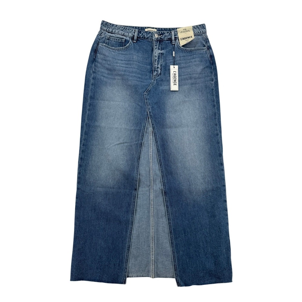 L'AGENCE Rysa Slit Front Maxi Skirt Womens 31 Woodrow Blue NWT Denim Raw Hem